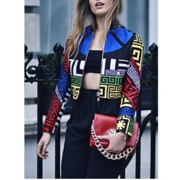 SHEIN Jackets & Blazers - Shein Greek Key Print Crop Bomber Jacket Women's Size S